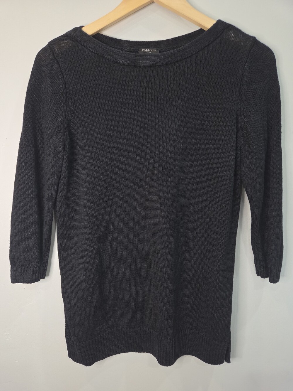 Talbots Women's Size MP Linen Black Knit Popover Sweater 3/4 Sleeve Boat Neck